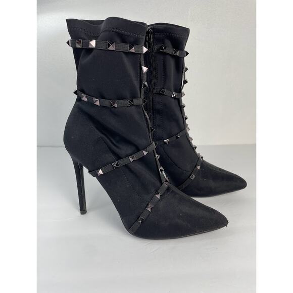 Studded Heels Womens Size 8.5 Mid-Calf Boots Pull On Black Pointed Toe Booties - Picture 2 of 12